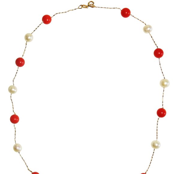 Coral Tin Cup - Red-Orange Coral with White Pearl on Gold Chain - Picture 3 of 4